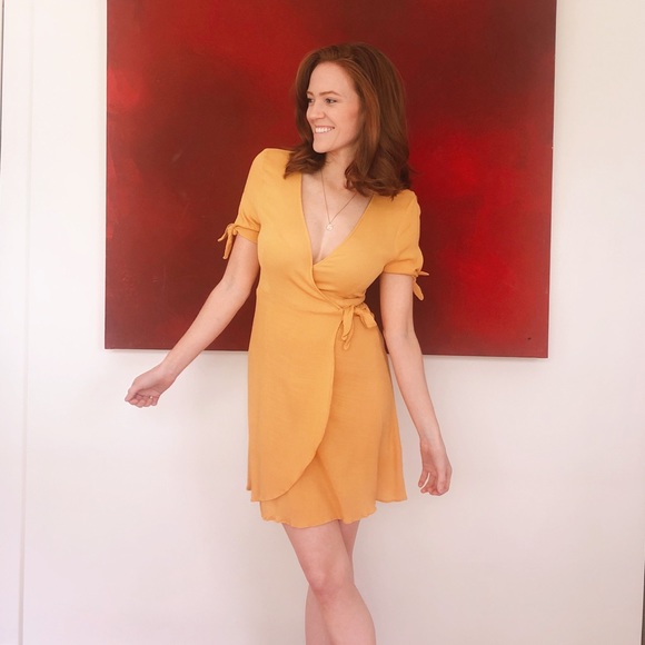 Lulus Mustard Yellow Spring Wrap Dress - Picture 1 of 6